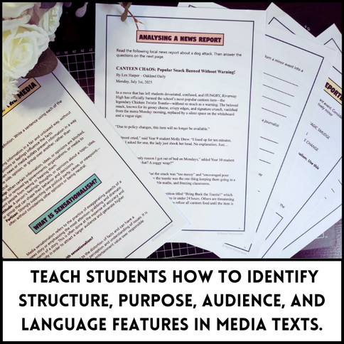 Teach students to identify structure, purpose, audience, and language features in media texts.