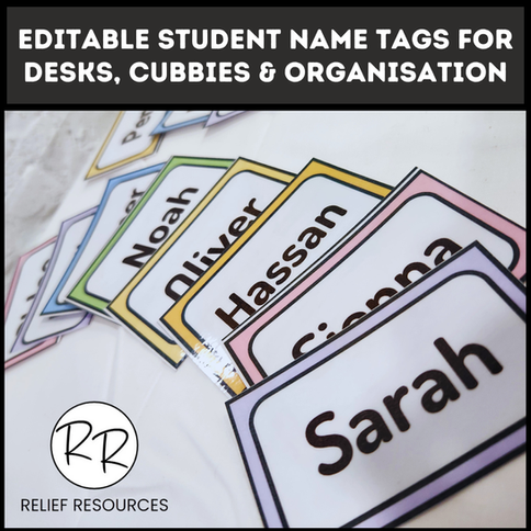 Editable student name tags for desks, cubbies, organization with student names displayed.