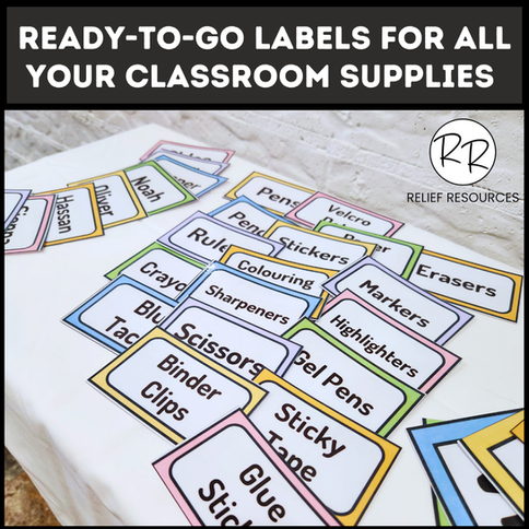 Ready-to-go labels for classroom supplies including erasers, rulers, and pencils.