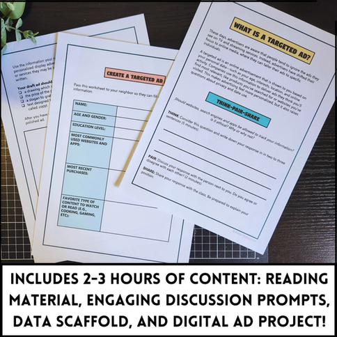 Various sheets with text: Includes 2-3 hours of content, digital ad project