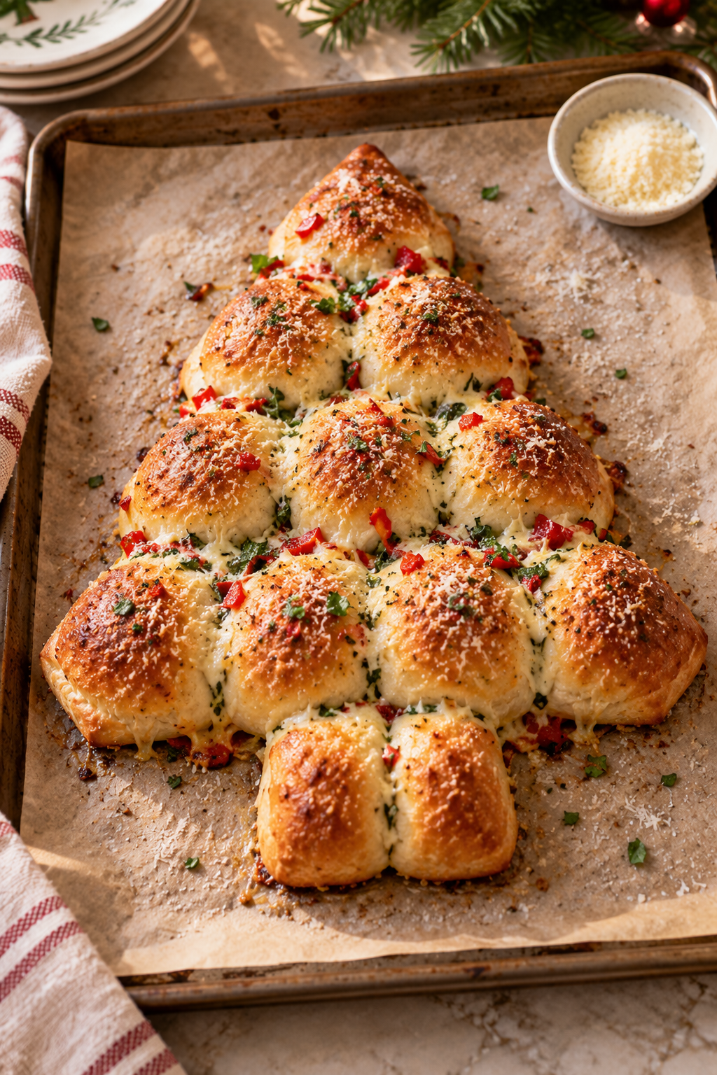Pull-apart pesto rolls baked in the shape of a Christmas tree