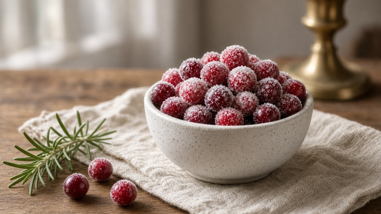 Sugared cranberries piled in a speckled white stoneware bowl on a linen napkin, with a rosemary sprig and a brass candlestick