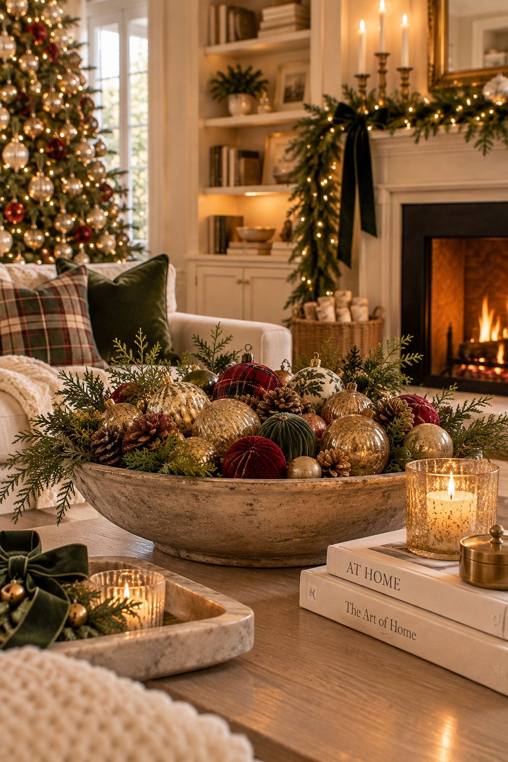 Wooden bowl of velvet and gold ornaments on a coffee table by a lit fireplace and Christmas tree