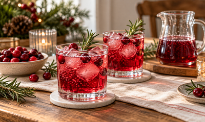 Two cranberry spritzes with ice, fresh cranberries, and rosemary on a holiday table