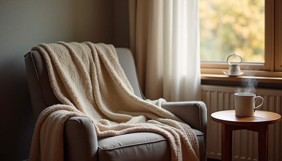 Cream knit throw on an armchair by a sunny window with a steaming mug