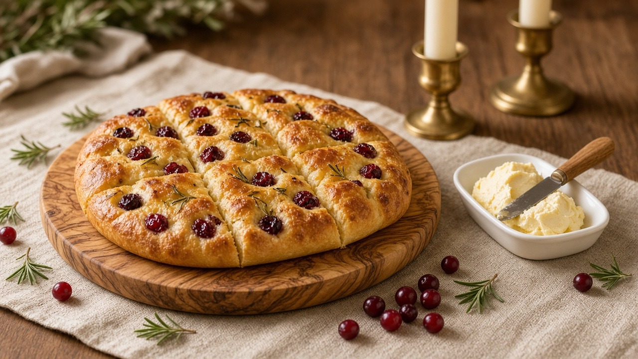 Sliced cranberry-rosemary focaccia on a round olive wood board beside a white dish of butter, with brass candlesticks behind on a linen runner