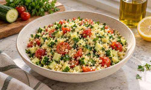 Lemon herb couscous in a serving dish
