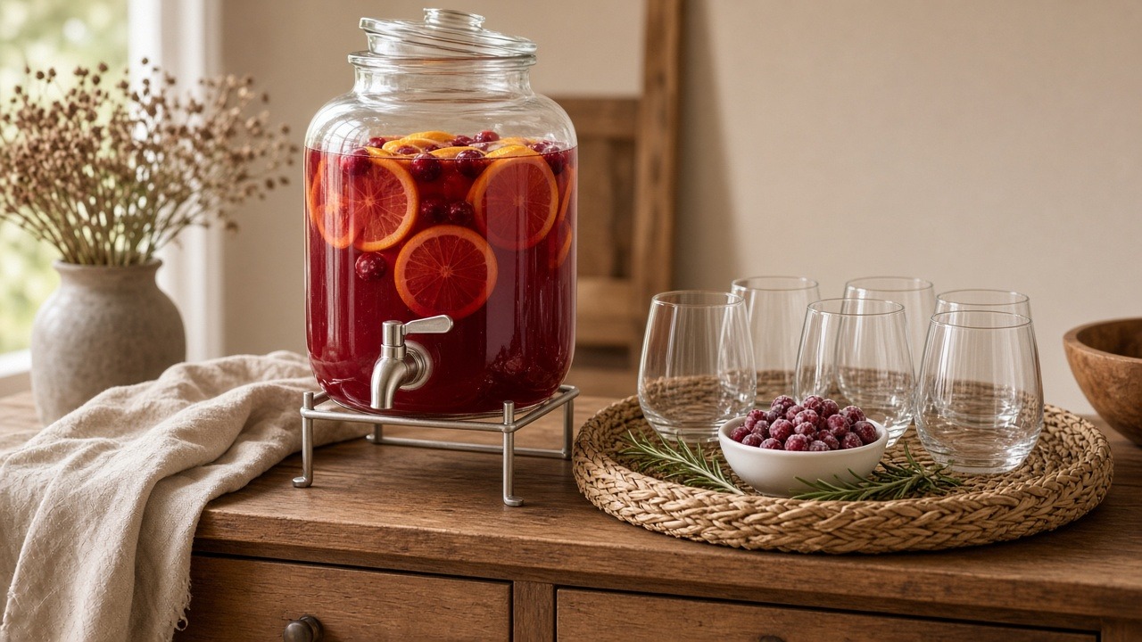 Glass beverage dispenser of cranberry punch with orange slices beside a woven tray of glasses, sugared cranberries and rosemary on a wood sideboard