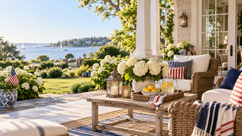 A bright coastal Fourth of July porch with hydrangeas and simple patriotic accents