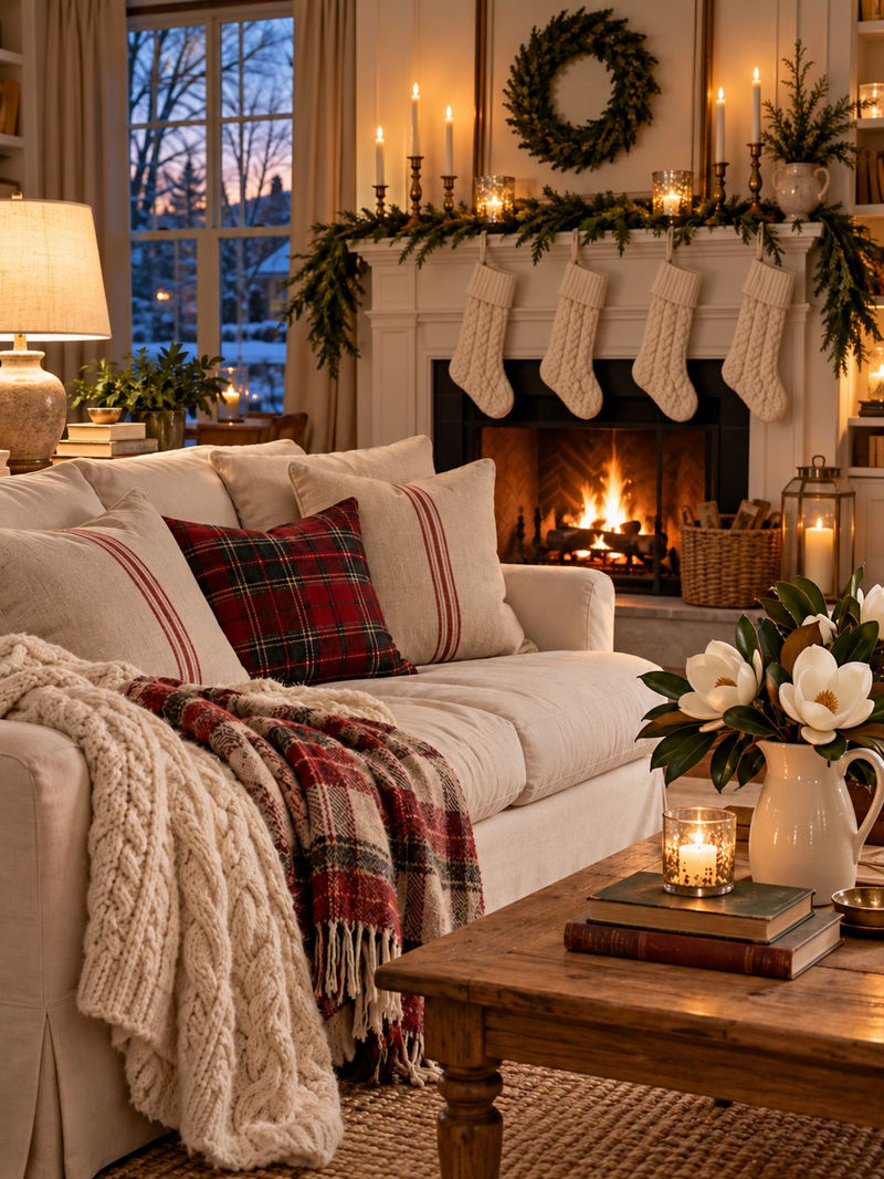 Stockings hung on a garland mantel in a glowing Christmas living room
