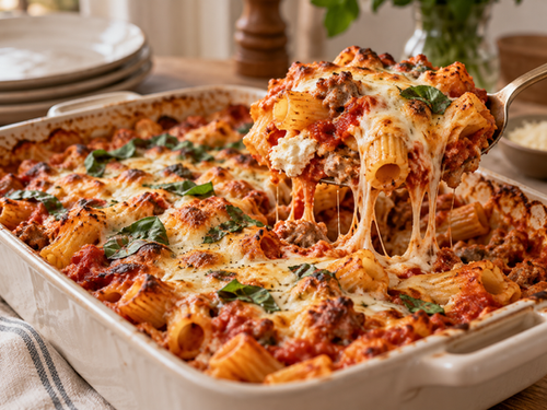Baked rigatoni with tomato sauce and bubbling melted cheese in a baking dish