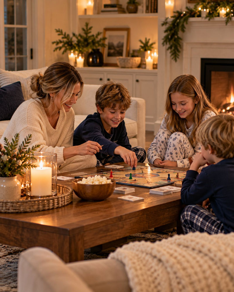 Family playing a board game together by a glowing fireplace