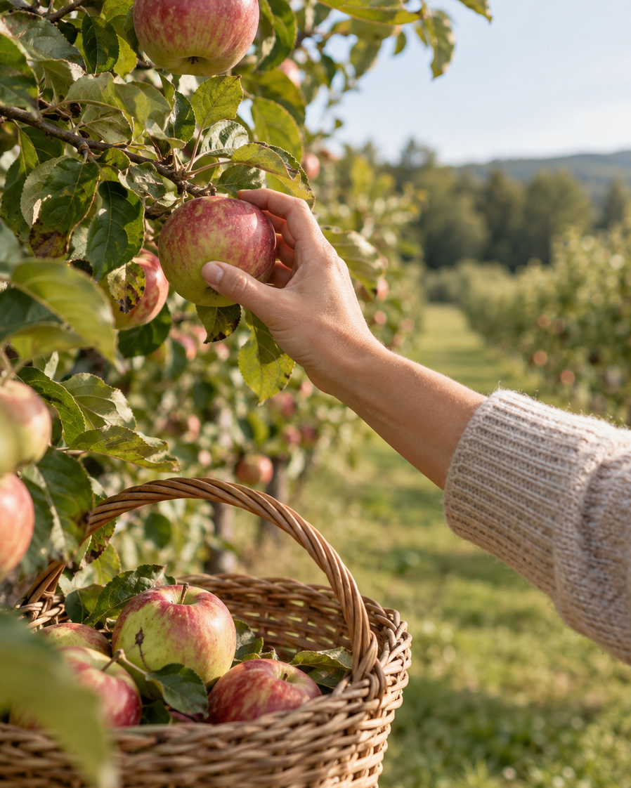 An adult hand selecting one red-green apple at reachable height, a woven basket holding several imperfect apples below, softly focused orchard…
