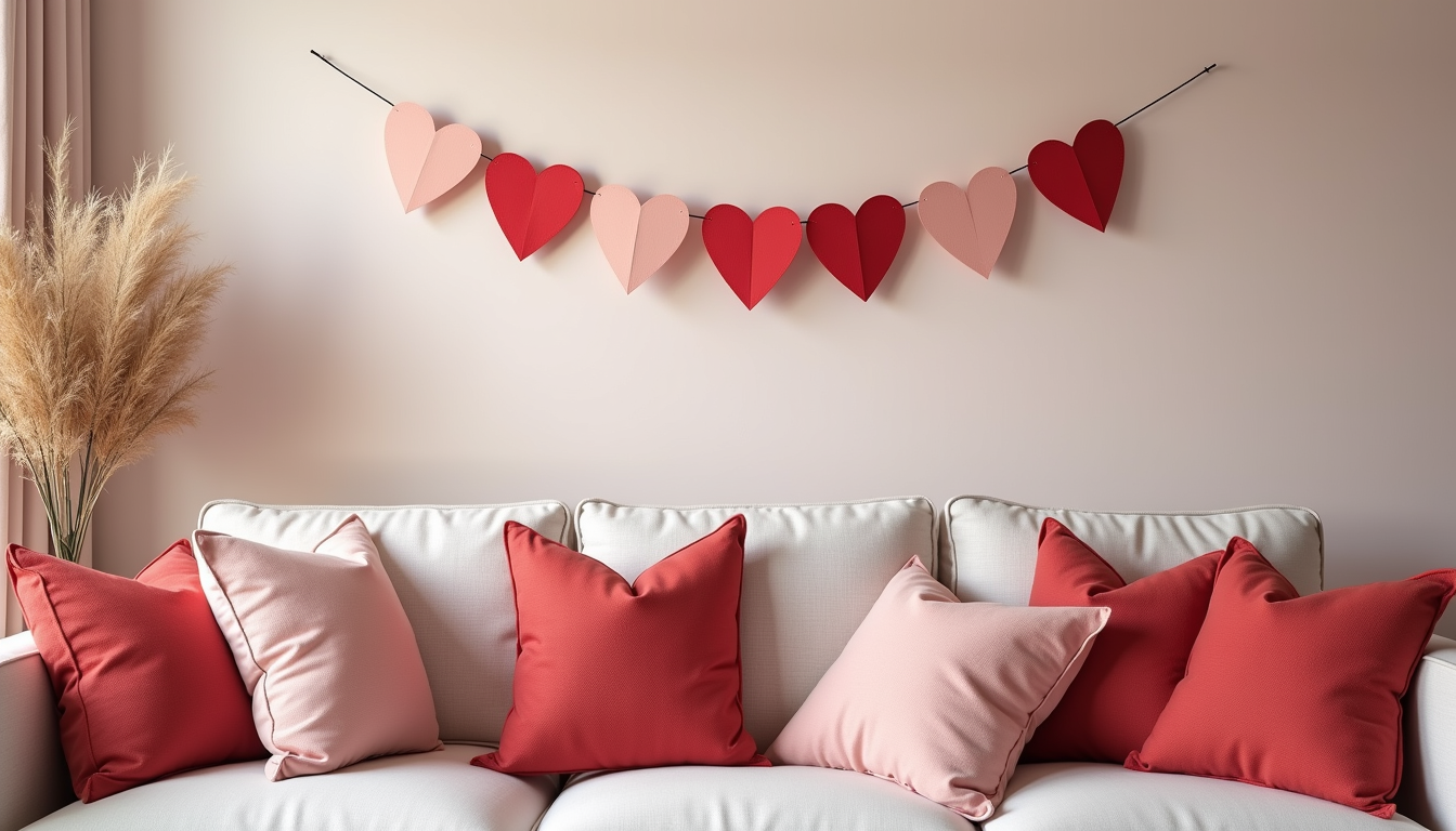 Eye-level view of a cozy living room corner with soft red and blush throw pillows and a simple paper heart banner hanging above a couch