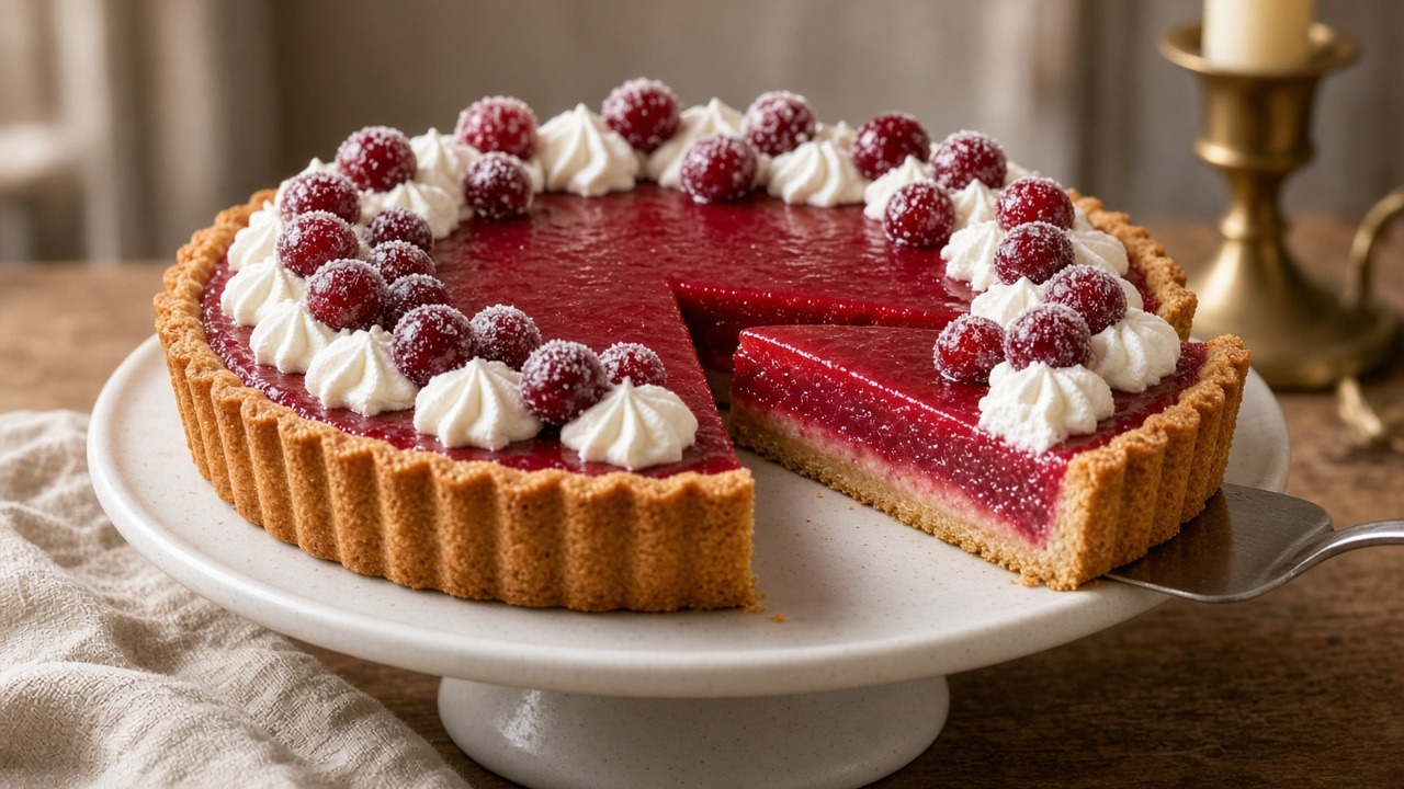 Cranberry curd tart on a white cake stand, edged with whipped cream and sugared cranberries, one slice lifted on a pie server