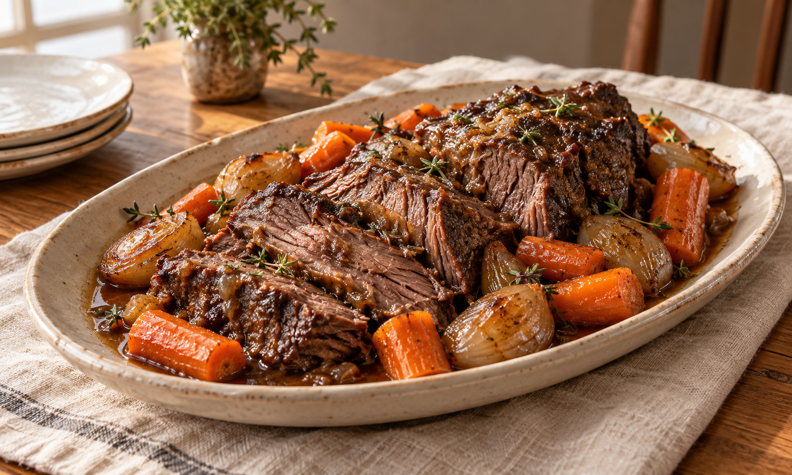Braised pot roast with carrots, shallots and thyme in a dark red wine sauce