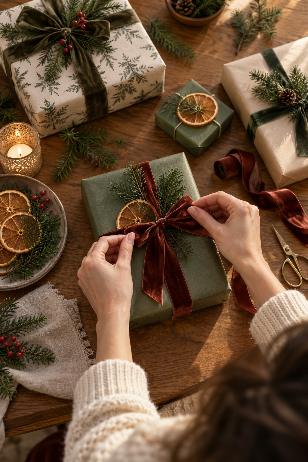 Hands tying a red ribbon on a gift wrapped in green paper with dried orange slices and greenery