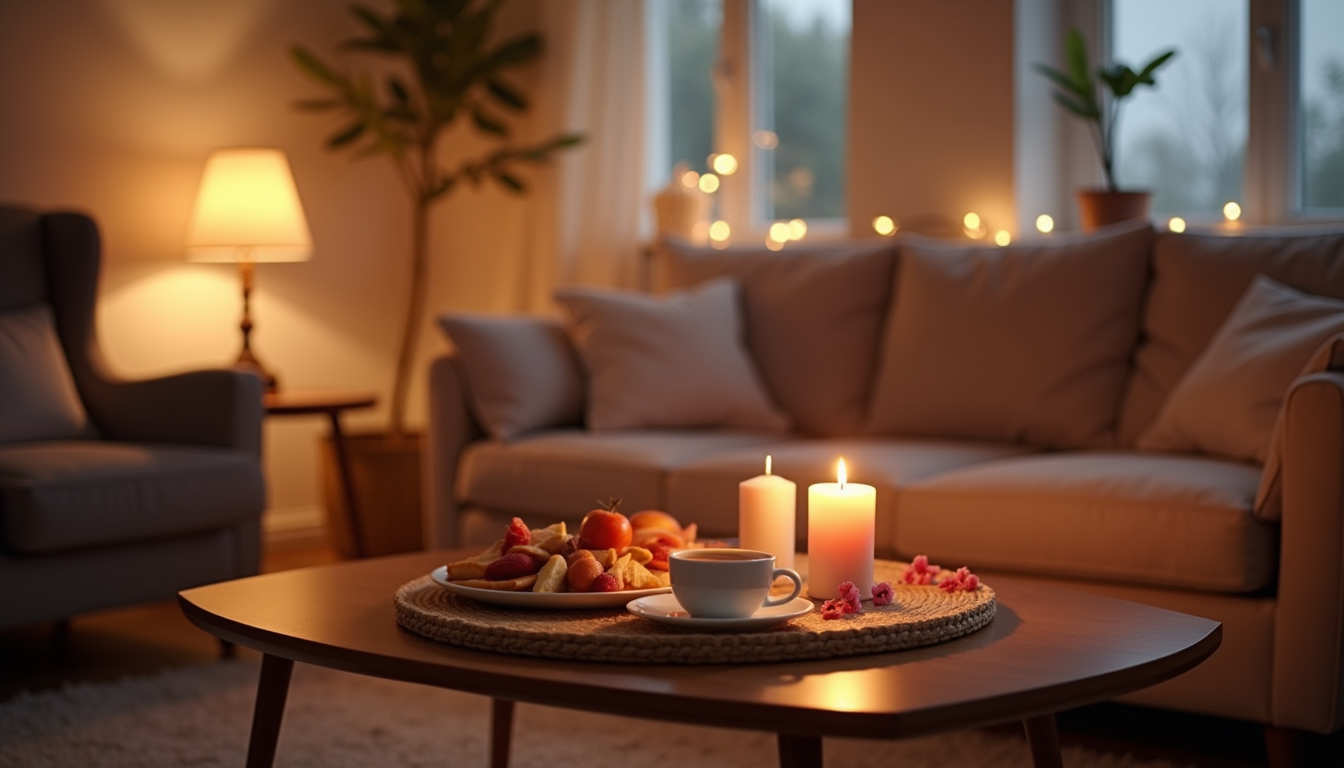 Eye-level view of a cozy living room with soft lighting, a small table set with candles and a simple Valentine’s Day breakfast