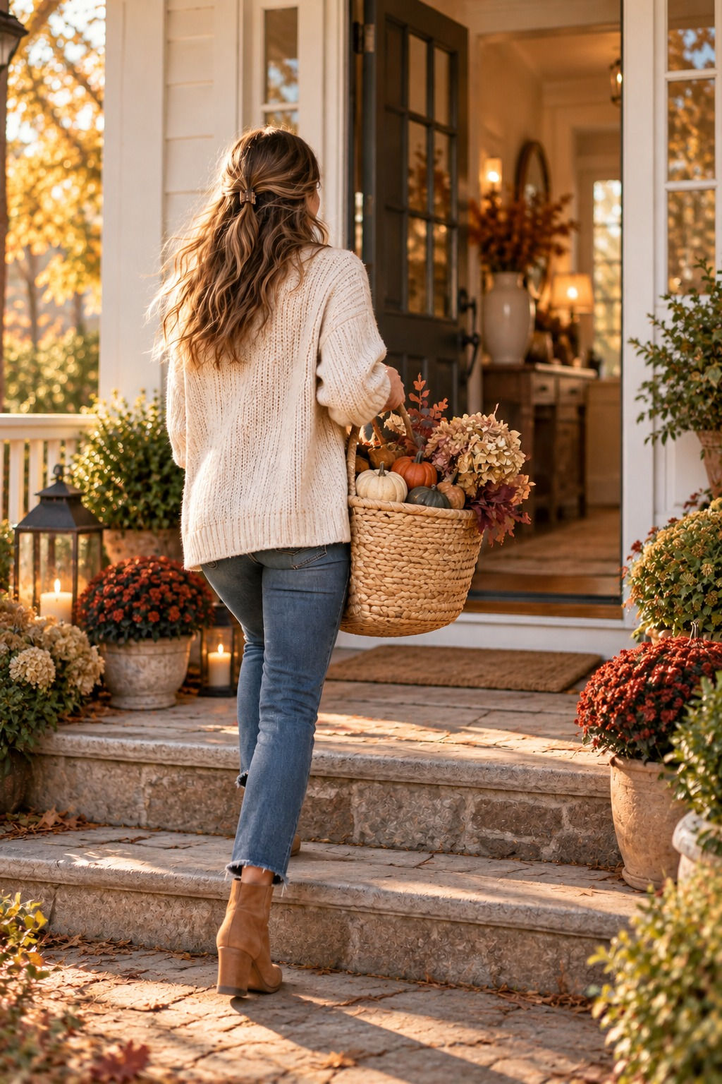 Woman in a cream knit sweater and jeans carrying flowers up porch steps lined with mums