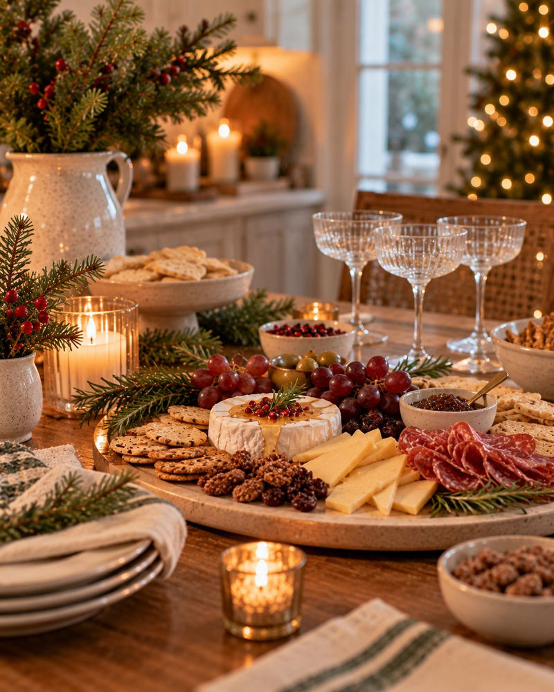 Holiday charcuterie spread with cheeses, fruit and candles on a festive table
