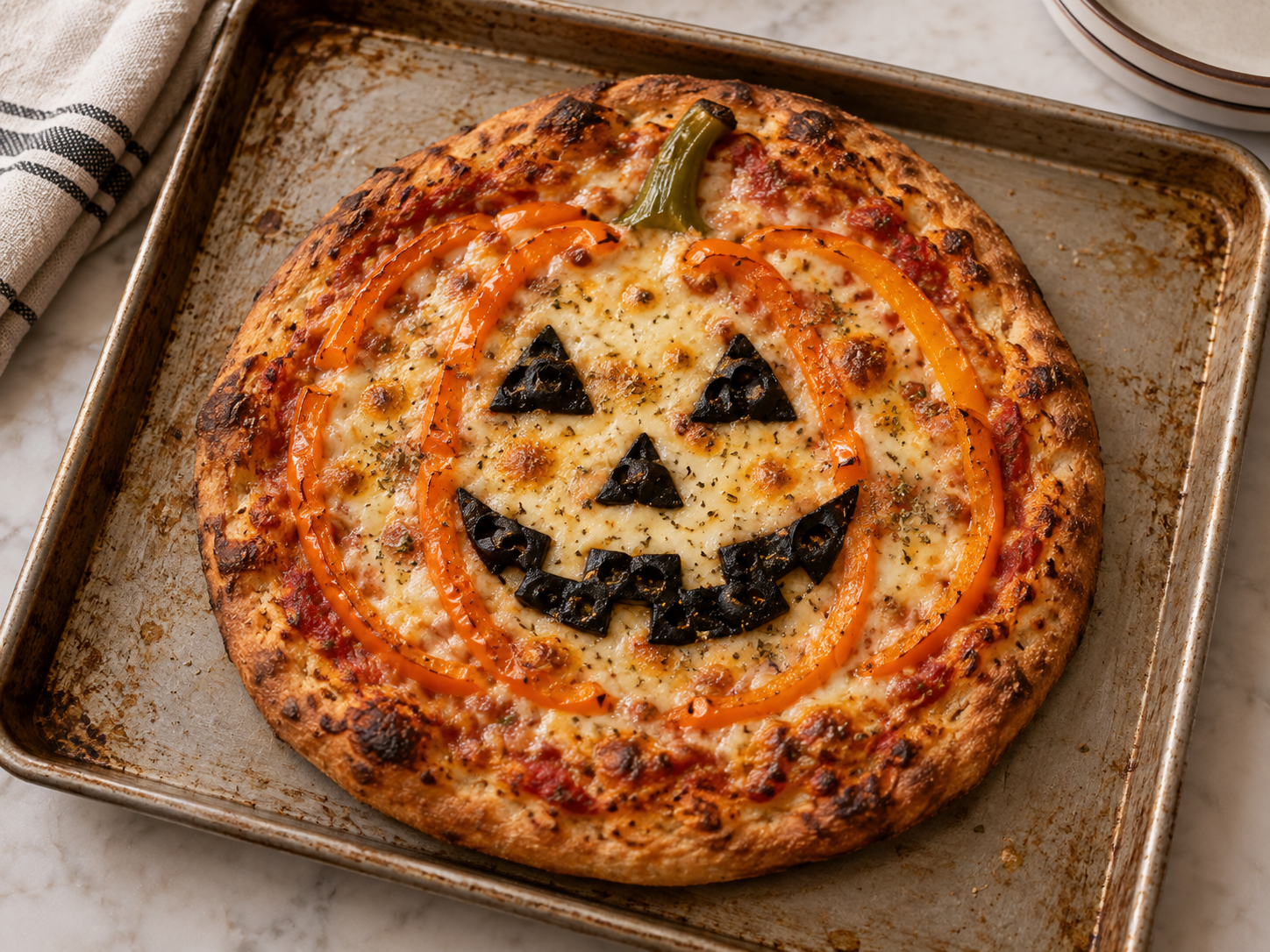 Sheet-pan pizza topped with pepperoni and olives in a jack-o’-lantern face