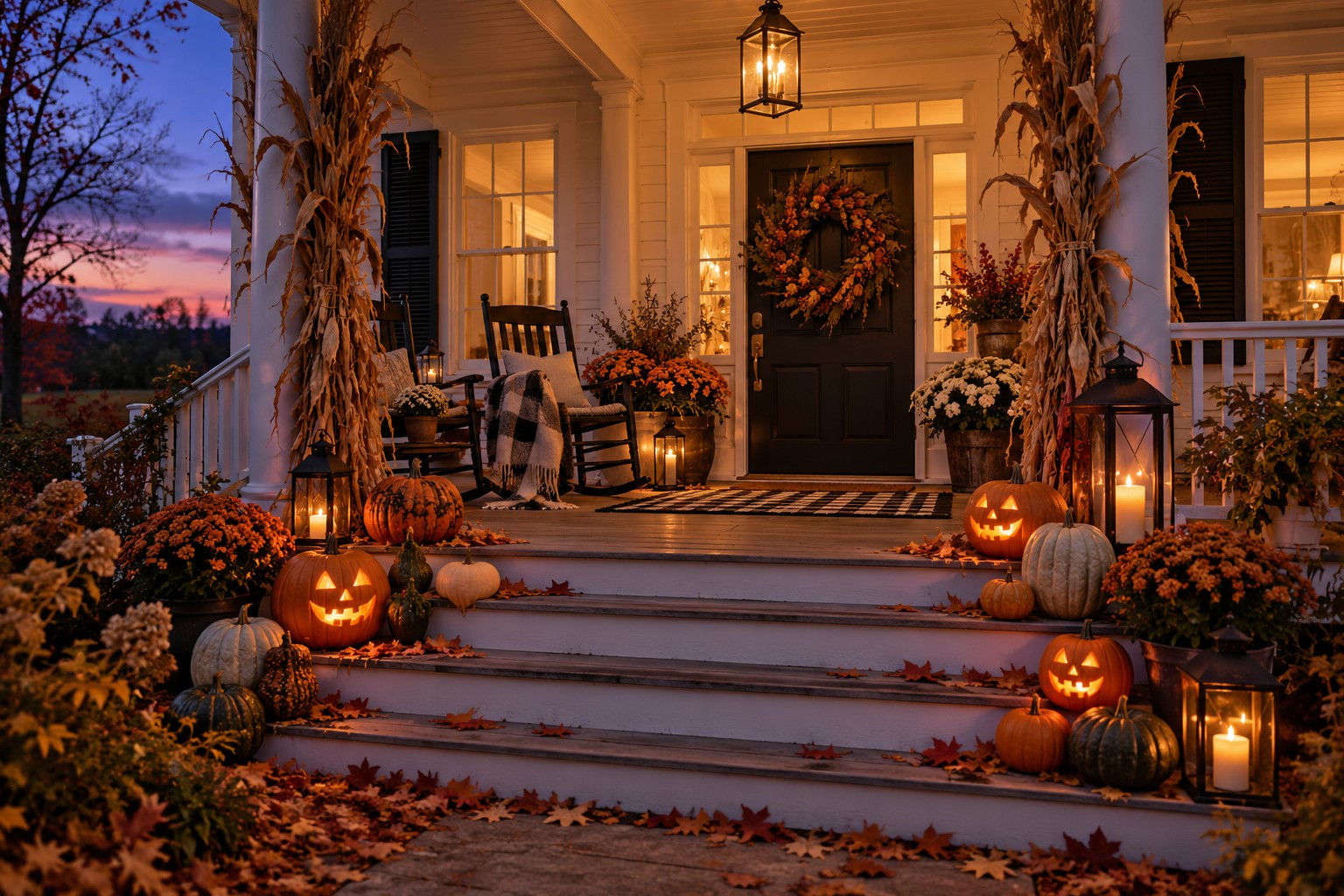 White farmhouse porch at dusk with carved jack-o'-lanterns, mums, lanterns and a fall wreath