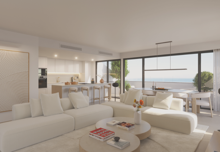 modern living room with open plan kitchen