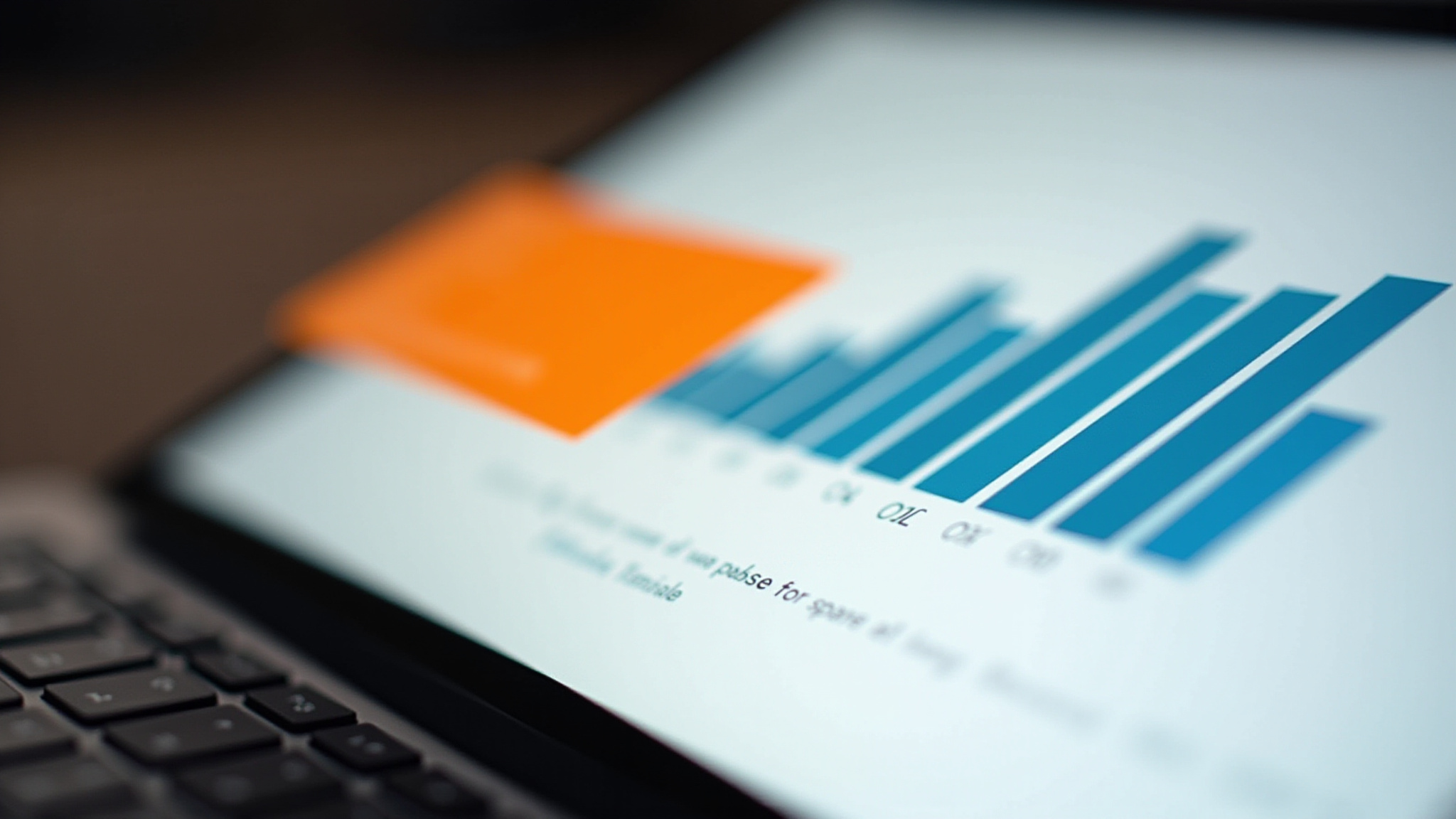 Imagem em close de um dispositivo eletrônico (como tablet ou laptop) exibindo um gráfico de barras em tons de azul, acompanhado por um elemento em destaque na cor laranja. O gráfico sugere dados quantitativos ao longo de categorias ou tempo. Parte de um teclado aparece desfocada no canto inferior, reforçando o contexto de análise de dados em um ambiente tecnológico.