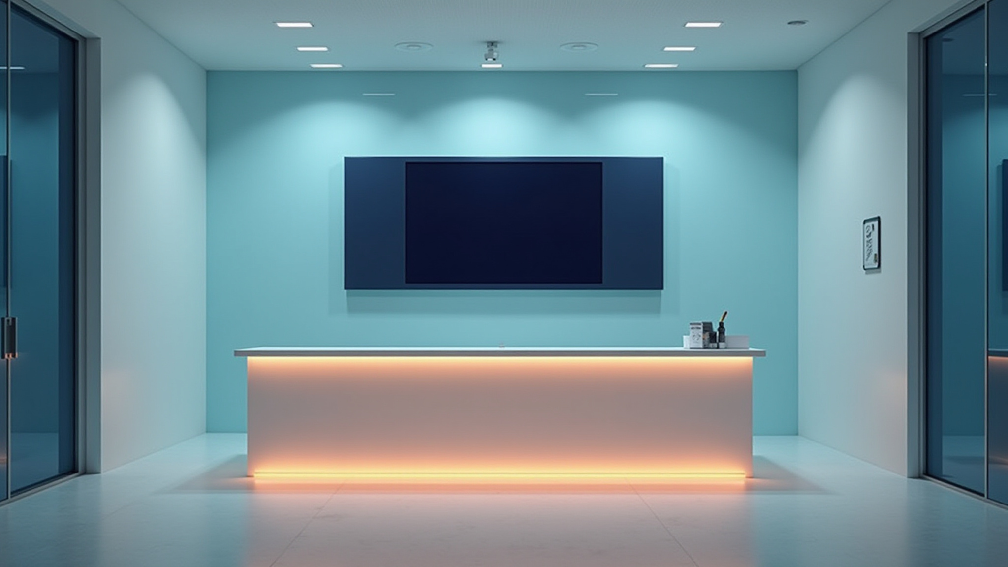 Imagem de um ambiente interno moderno e minimalista, com paredes em tons claros e iluminação suave no teto. Ao centro, há um balcão de recepção com iluminação embutida em tom alaranjado na parte inferior. Atrás do balcão, uma parede azul clara abriga uma tela grande escura fixada no centro. O espaço é simétrico e organizado, com portas ou aberturas laterais em ambos os lados, sugerindo um escritório.