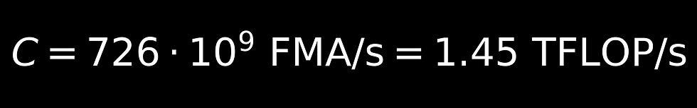Calculating out the numbers and converting to the units of Fused Multiple Add (FMA) operations per second and Tera Floating Point Operations (TFLOPS) per second for the Alveo U250 experiment