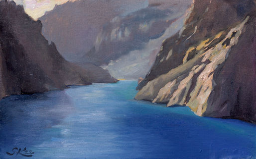 Attabad Lake at Golden Hour 30x19cm (oil on paper), Saara Knapp 2022.jpg
