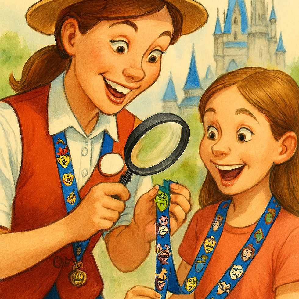 Disney Cast Member examining a pin with a magnifying glass to check for authenticity and identify potential scrapper pins.