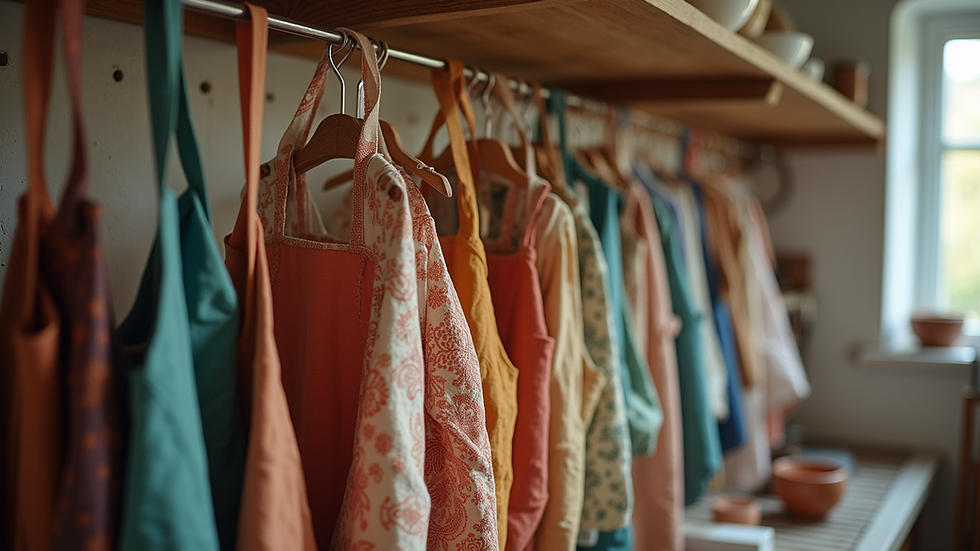 Eye-level view of a colorful pottery apron hanging on a rack
