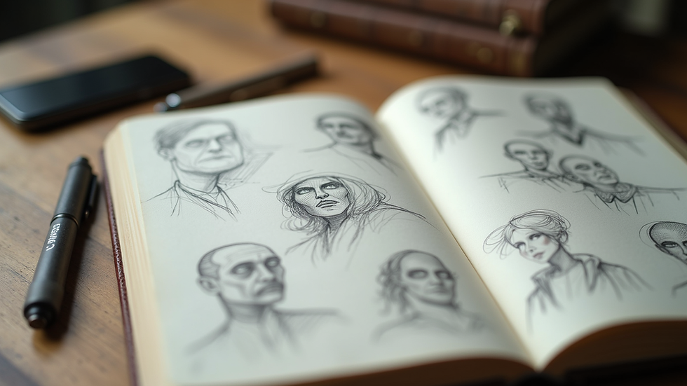 Close-up view of a writer's notebook filled with character sketches
