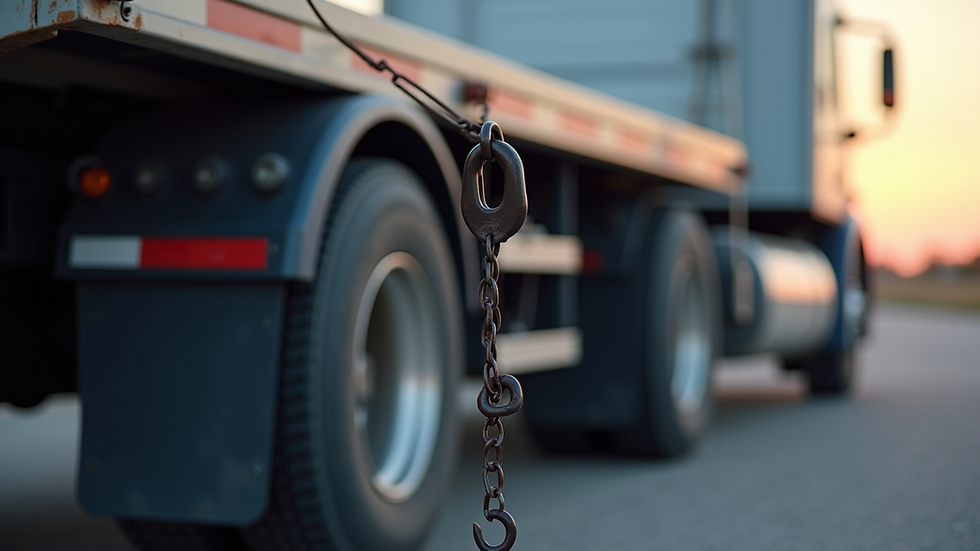 Close-up view of a tow truck hook attached to a commercial truck for safe towing