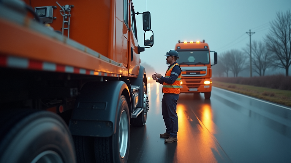 High angle view of a tow truck driver inspecting a heavy-duty vehicle before towing