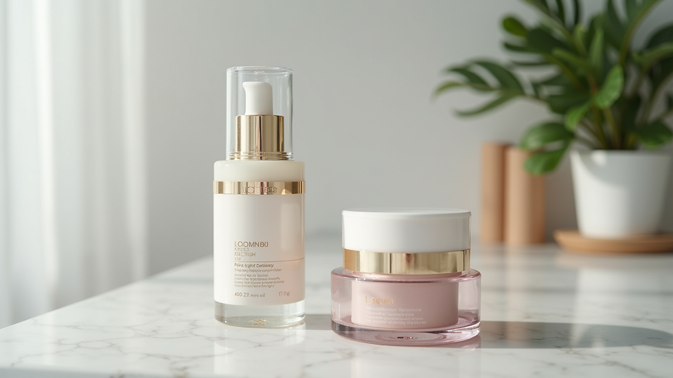 Close-up view of a luxurious skincare set on a marble countertop
