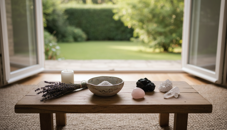 Wide-angle view of a calm ritual space with a candle, crystals, herbs, and an open window.