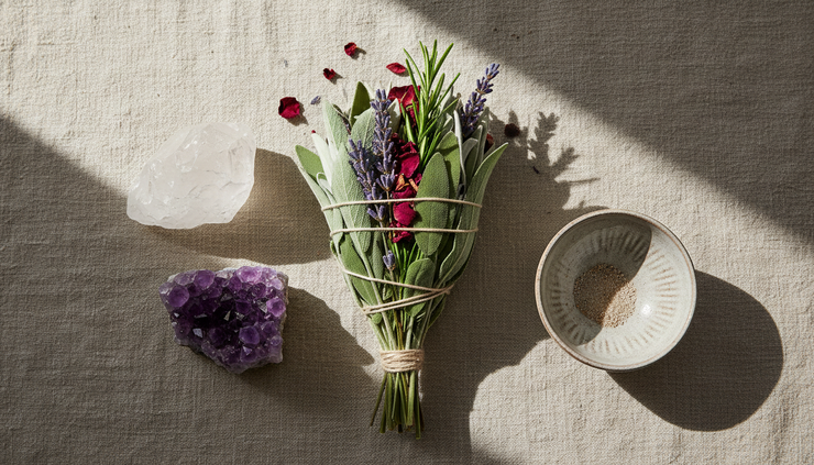Overhead view of a smudge bundle with crystals and dried flowers on a linen cloth.