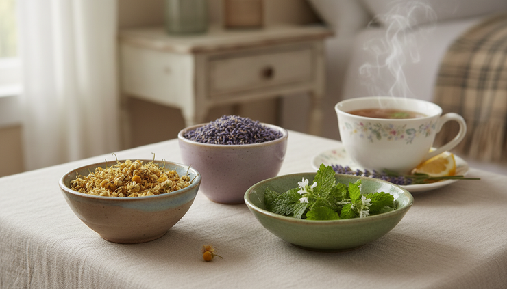 Close-up of dried chamomile lavender and lemon balm in small ceramic bowls