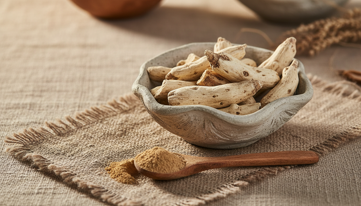 Close-up of ashwagandha root pieces resting in a small clay bowl.