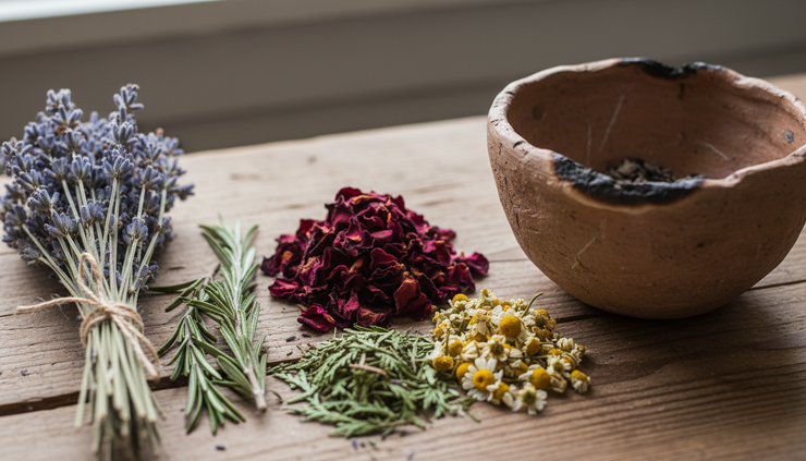 Close-up of dried lavender, rosemary, rose petals, and cedar arranged beside a clay bowl.