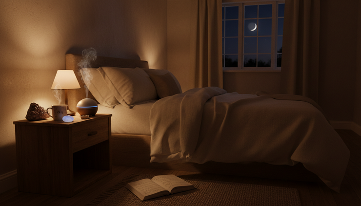 Wide-angle view of a peaceful bedroom prepared for an herbal crystal and oil sleep ritual