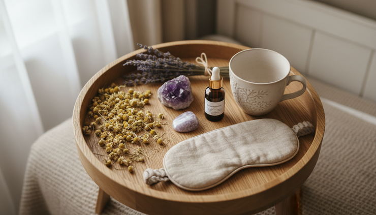 Overhead view of a calming bedtime tray with herbs crystals and a small oil bottle