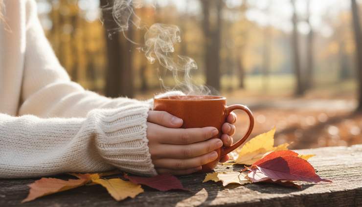 Close-up of hands holding a warm mug beside fallen autumn leaves.