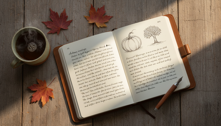 Overhead view of an open journal with autumn leaves and a cup of tea.