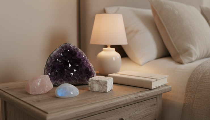 Eye-level view of amethyst moonstone and rose quartz on a quiet nightstand