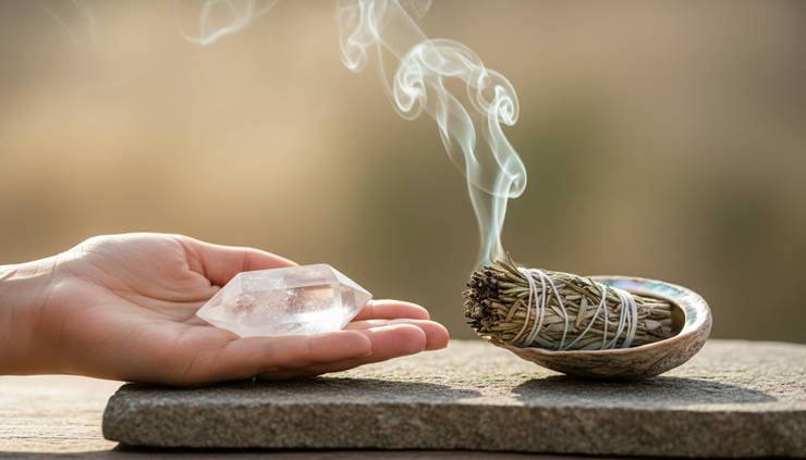 Eye-level view of a hand holding clear quartz beside a gently smoking herb bundle.