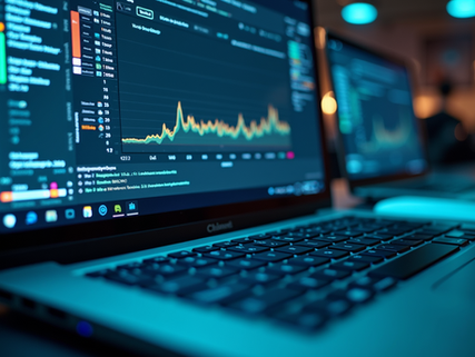Laptops displaying complex data analytics graphs and charts in a dimly lit workspace, highlighting trends and performance metrics with a focus on digital analysis and research.