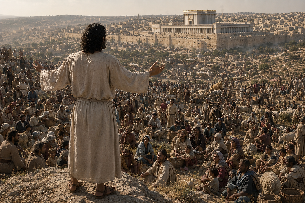 Man in a beige robe stands with arms outstretched, addressing a crowd on a hillside overlooking an ancient city and temple.